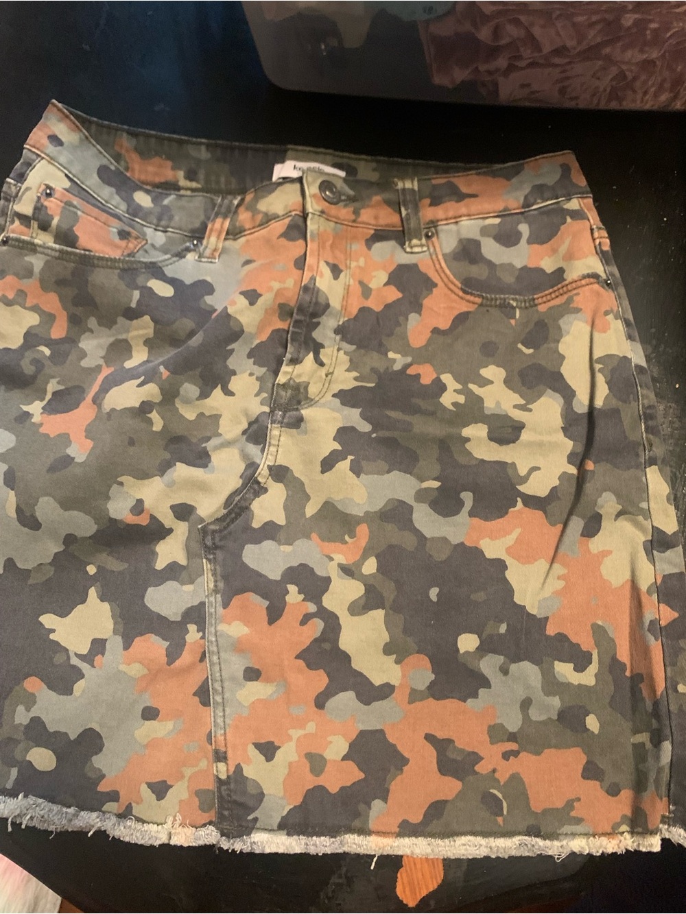 NWOT Camo Denim Mini Skirt in Green, Orange & Black